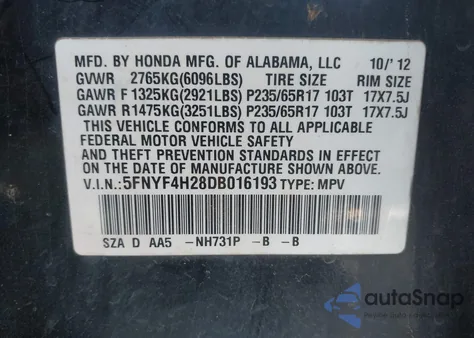 2013 Honda Pilot Lx из США, поврежденный, VIN 5FNYF4H28DB016193